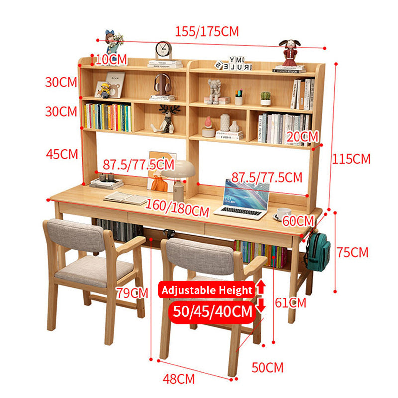 Trejan Solid Wood Study Desk with Book Shelves and Drawers/Rubberwood/Long Study Desk