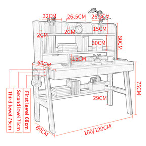 Ave Solid Wood Study Desk with Shelf and Drawers/Bookcase/Rubberwood/Natural wood color