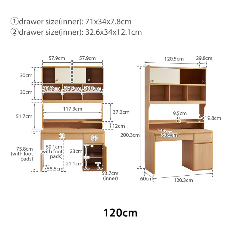 Ziva 120cm/140cm Single Office Desk/Computer Table With Cabinet/Bookcase Natural Wood & White Color