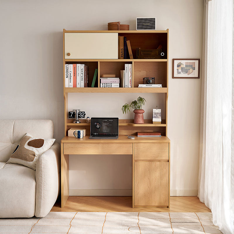 Ziva 120cm/140cm Single Office Desk/Computer Table With Cabinet/Bookcase Natural Wood & White Color
