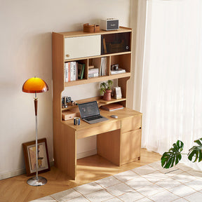 Ziva 120cm/140cm Single Office Desk/Computer Table With Cabinet/Bookcase Natural Wood & White Color