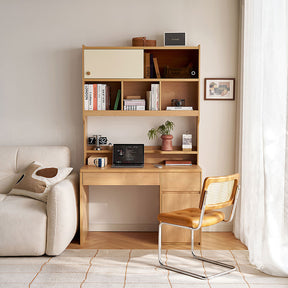 Ziva 120cm/140cm Single Office Desk/Computer Table With Cabinet/Bookcase Natural Wood & White Color