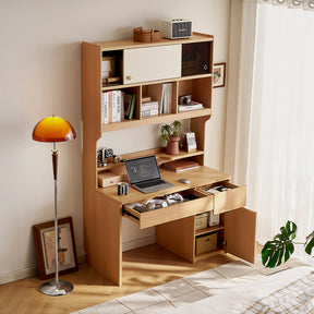 Ziva 120cm/140cm Single Office Desk/Computer Table With Cabinet/Bookcase Natural Wood & White Color
