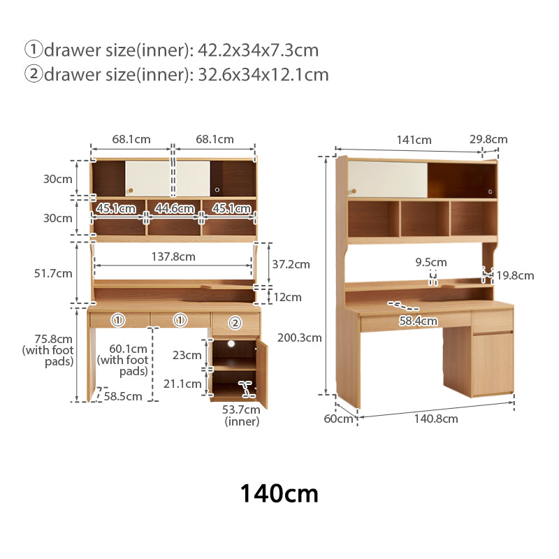 Ziva 120cm/140cm Single Office Desk/Computer Table With Cabinet/Bookcase Natural Wood & White Color