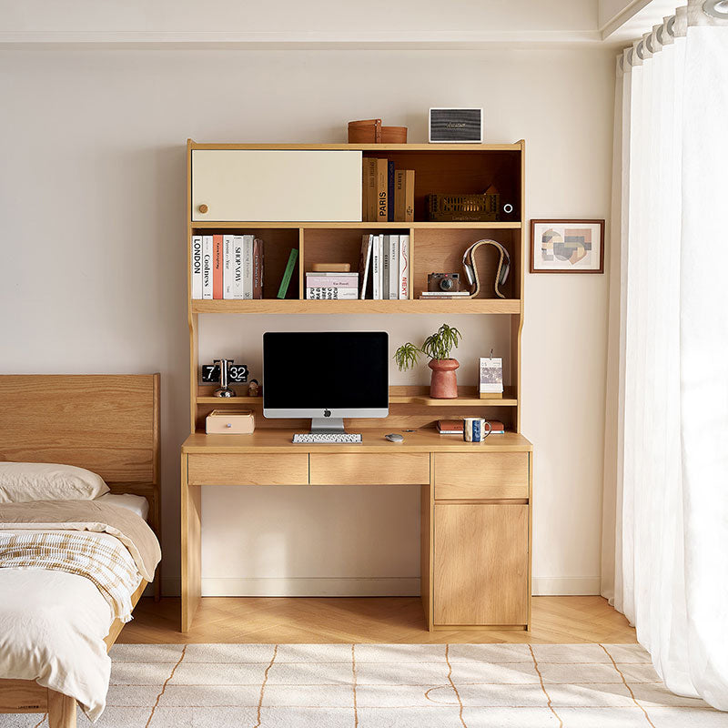Ziva 120cm/140cm Single Office Desk/Computer Table With Cabinet/Bookcase Natural Wood & White Color