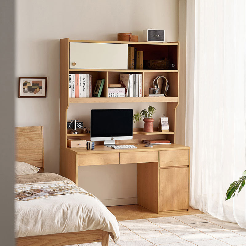 Ziva 120cm/140cm Single Office Desk/Computer Table With Cabinet/Bookcase Natural Wood & White Color