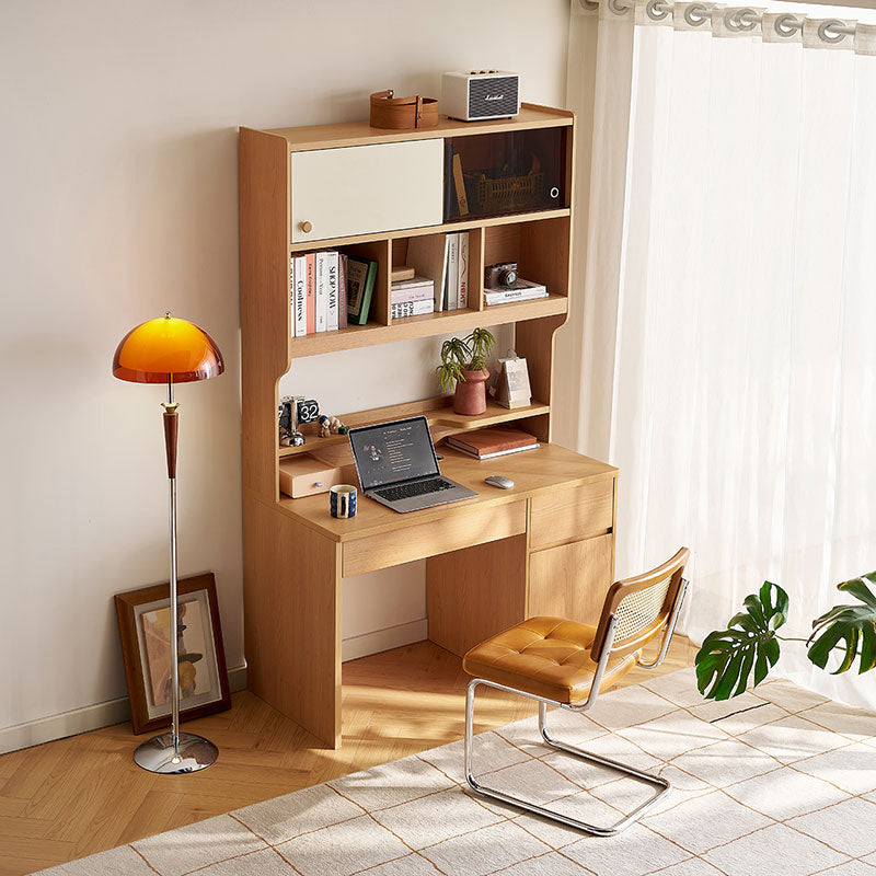 Ziva 120cm/140cm Single Office Desk/Computer Table With Cabinet/Bookcase Natural Wood & White Color