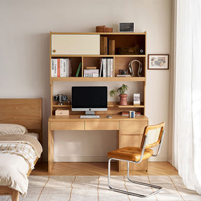 Ziva 120cm/140cm Single Office Desk/Computer Table With Cabinet/Bookcase Natural Wood & White Color