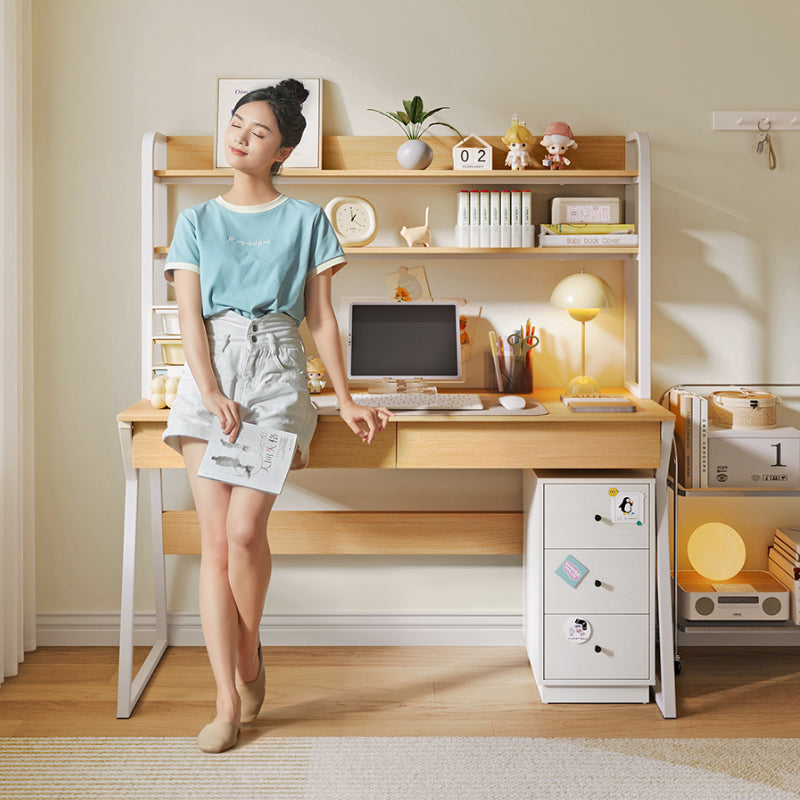 Uriel 100cm/120cm Single Office Desk/Computer Table With Cabinet/Bookcase/Drawer White & Natural Wood Color