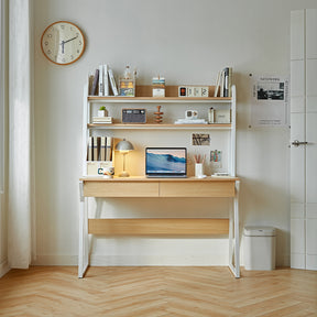 Uriel 100cm/120cm Single Office Desk/Computer Table With Cabinet/Bookcase/Drawer White & Natural Wood Color