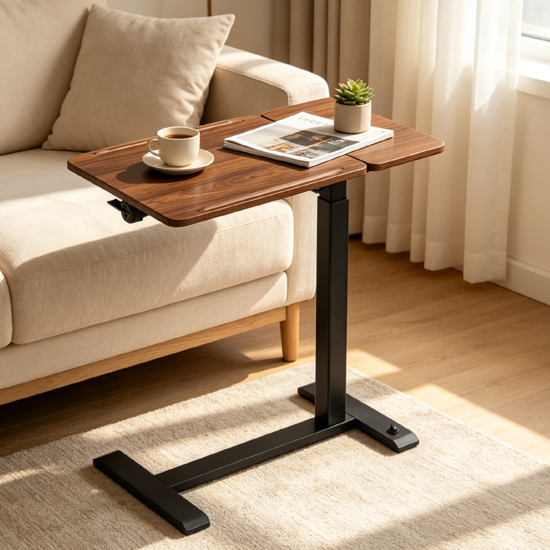 Zelda Adjustable Height Desk / Mobile Side Table With Wheel For Home Walnut Color