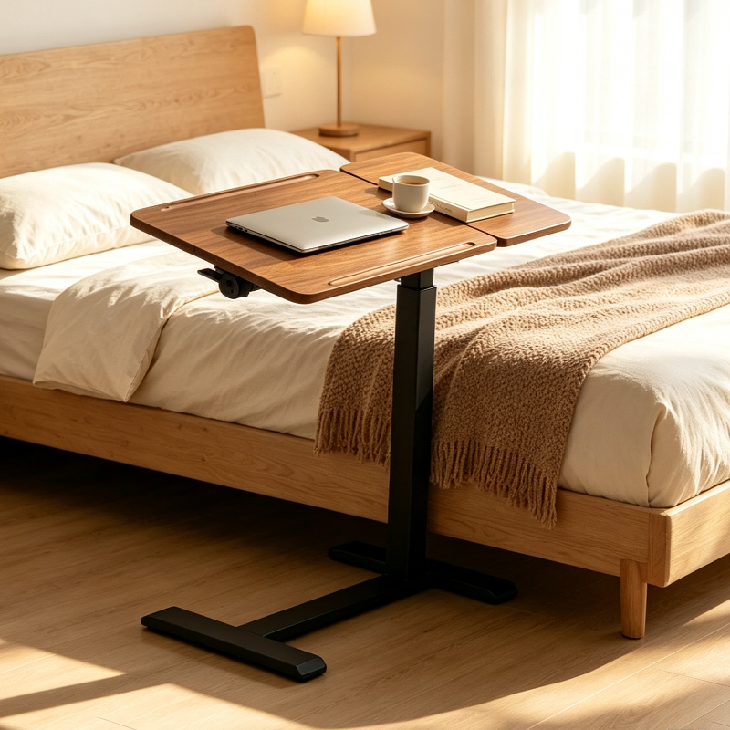 Zelda Adjustable Height Desk / Mobile Side Table With Wheel For Home Walnut Color