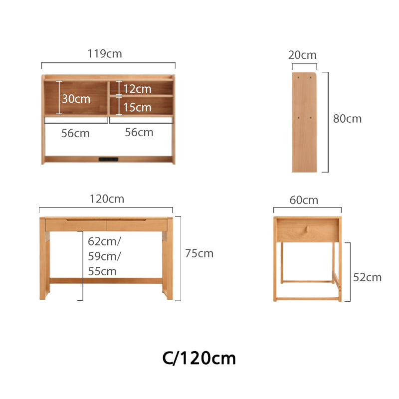 Eliana 90cm/120cm Solid Wood Height Adjustable Single Study/Office Desk/Table Set With Drawer/Bookcase/Chair For Study Room