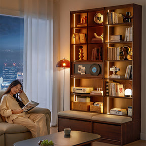 Watson 60cm/80cm Bookcase Modular Display Shelf & Storage With Cabinet/Lighting Walnut Color