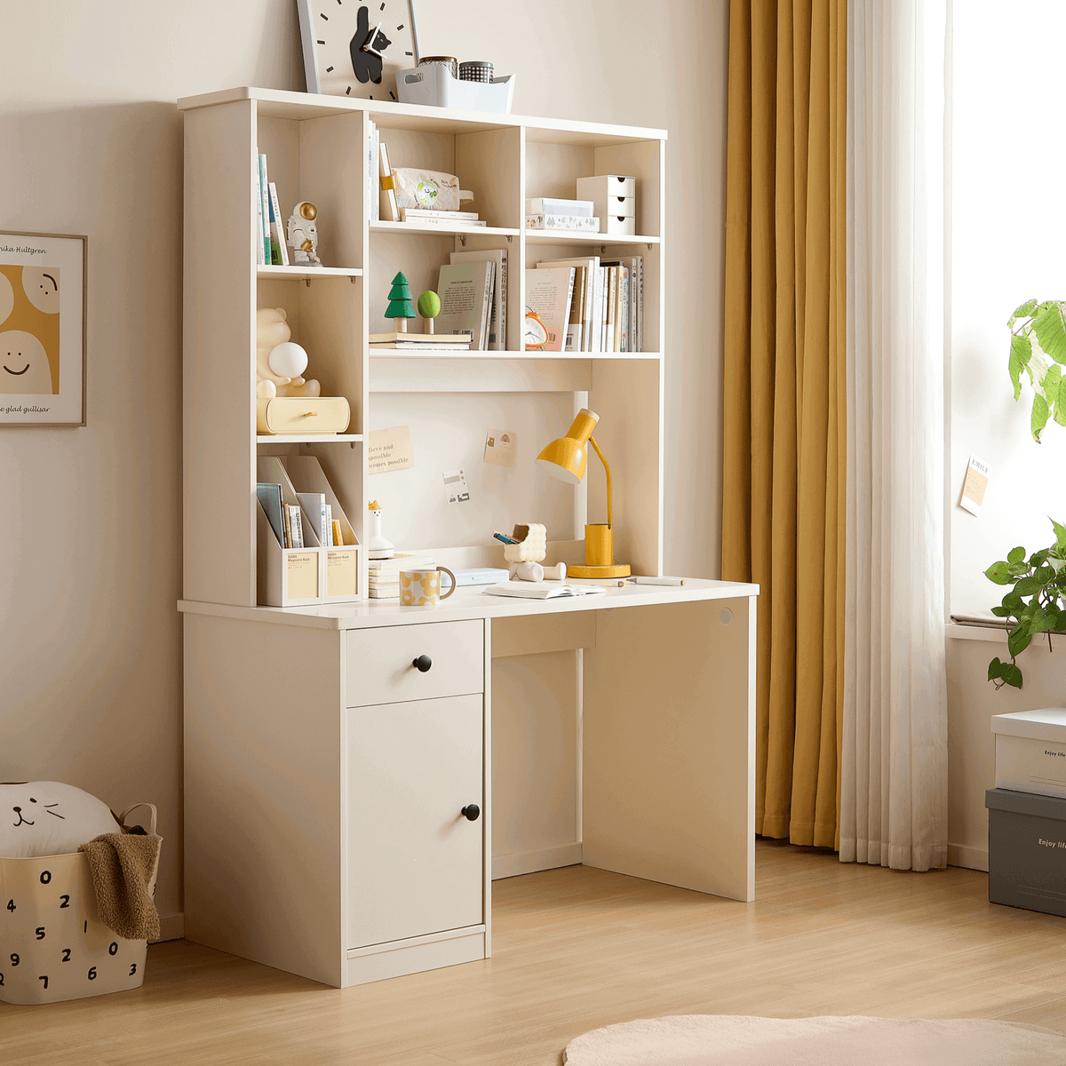 White Study Desk for Kids with Book Shelves and Storage Cabinet