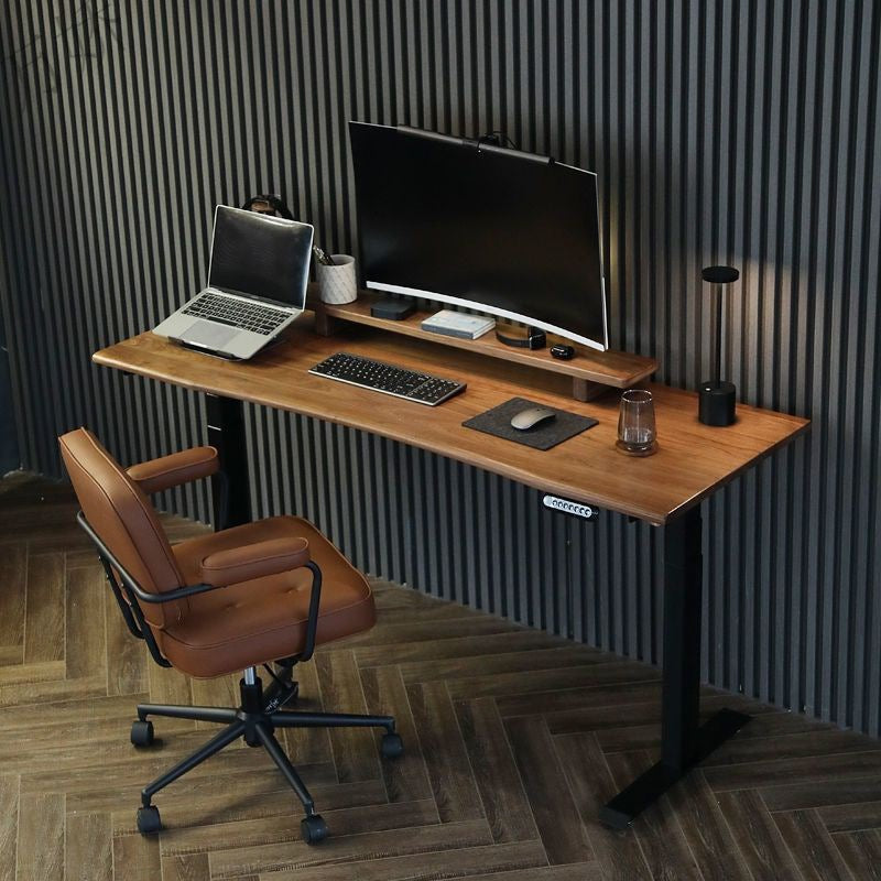 Electric Height-Adjustable Solid Timber Study Desk/Home Office Sit Stand Desk/Walnut Color Top