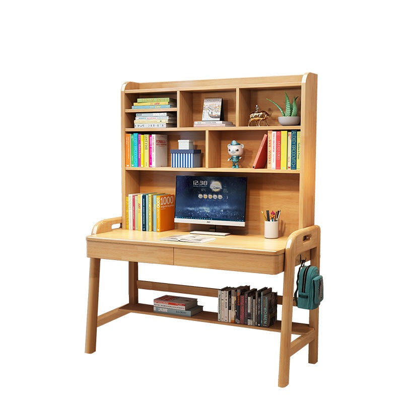 Kids Study Desk Chair Solid Wood Study Desk with High Shelf and Drawers/Bookcase/Rubberwood/Natural wood color and Dining Chair