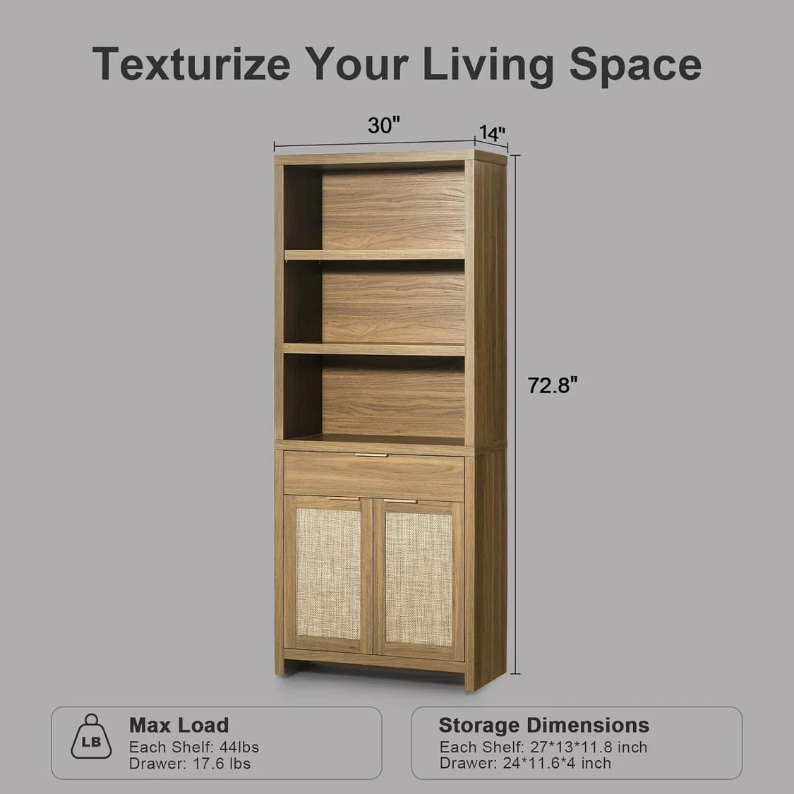 Bookcase with Ratten Doors/Showcase/Display Shelves Storage Stand Rack Weathered Oak