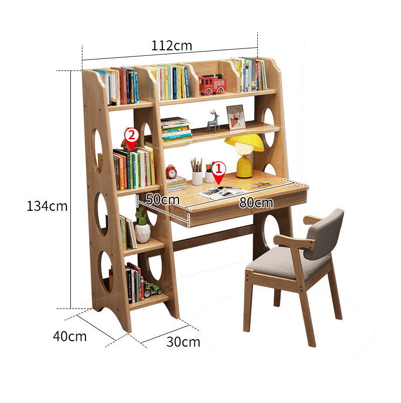 Natural Solid Wood Study Desk with Shelf and Z Shape Chair