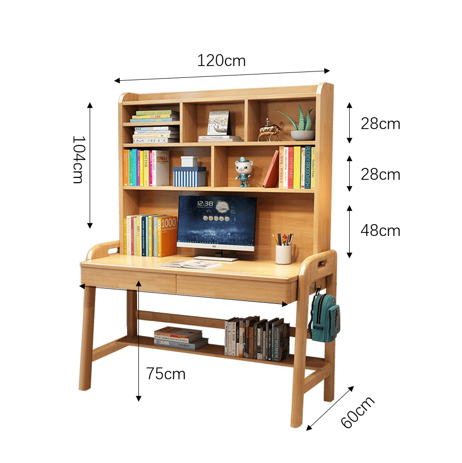 Solid Wood Study Desk with High Shelf and Drawers/Bookcase/Rubberwood/Natural wood color