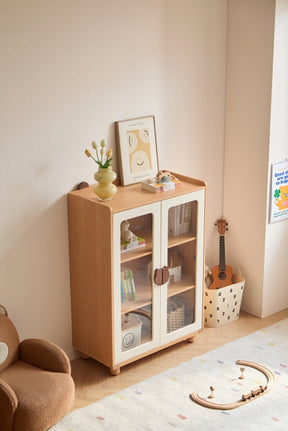 Kids' Bookcase with Doors and Shelves in Natural Wood Color/Kid' Cabinet/Solid Wood Leg
