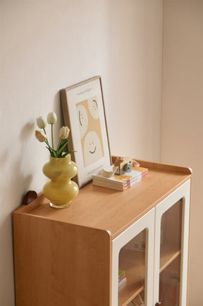 Kids' Bookcase with Doors and Shelves in Natural Wood Color/Kid' Cabinet/Solid Wood Leg