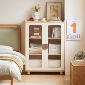 Kids' Bookcase with Doors and Shelves in Natural Wood Color/Kid' Cabinet/Solid Wood Leg
