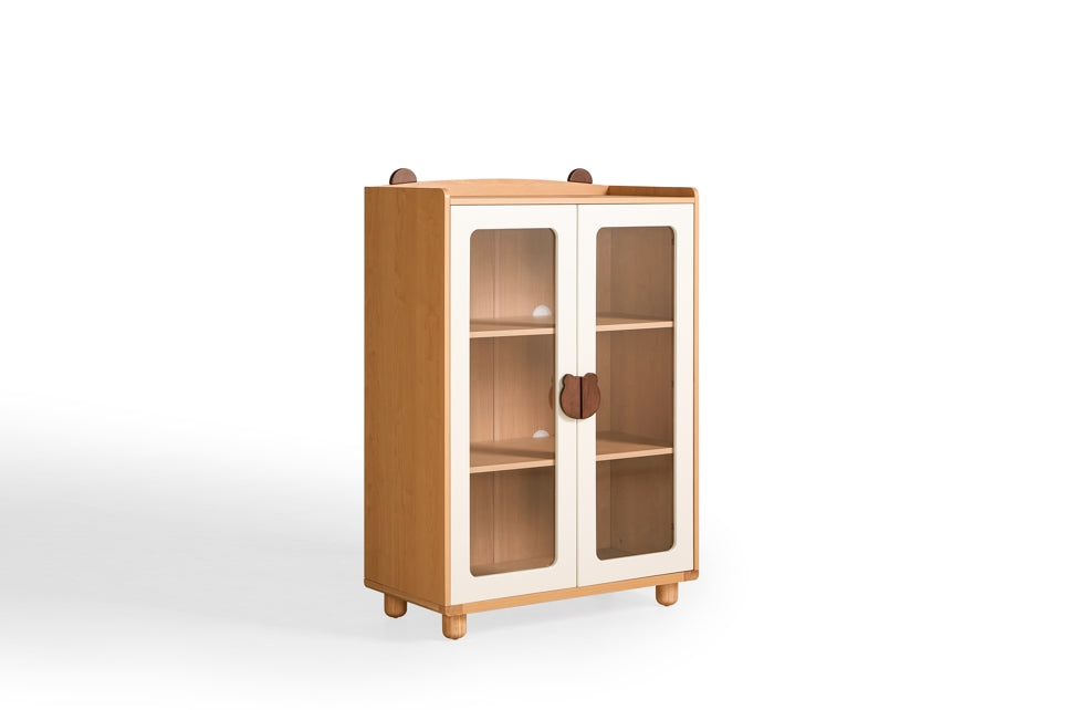 Kids' Bookcase with Doors and Shelves in Natural Wood Color/Kid' Cabinet/Solid Wood Leg