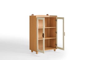 Kids' Bookcase with Doors and Shelves in Natural Wood Color/Kid' Cabinet/Solid Wood Leg
