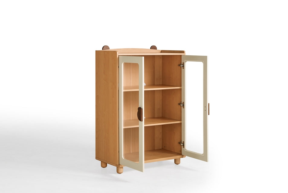 Kids' Bookcase with Doors and Shelves in Natural Wood Color/Kid' Cabinet/Solid Wood Leg
