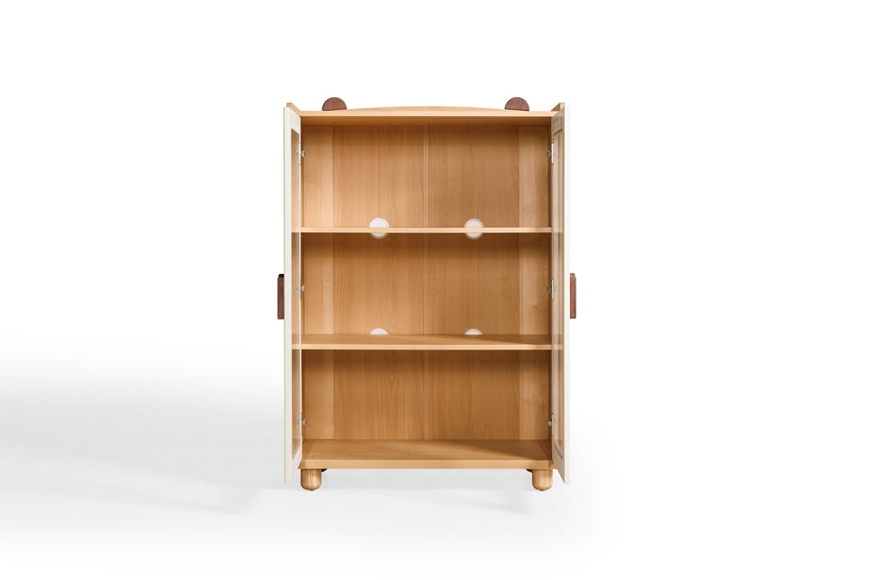 Kids' Bookcase with Doors and Shelves in Natural Wood Color/Kid' Cabinet/Solid Wood Leg