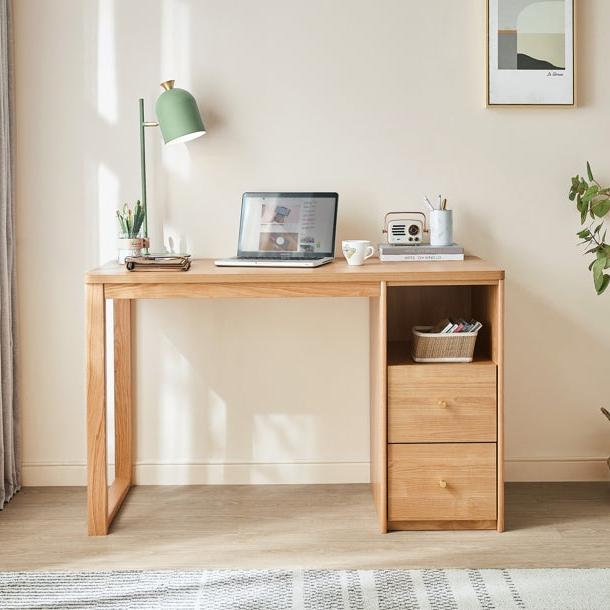 Natural Wood Solid Timber Study Desk with Reversable Storage Cabinet