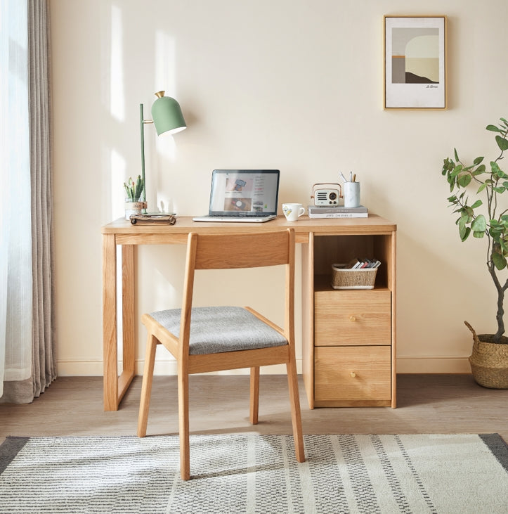 Natural Wood Solid Timber Study Desk with Reversable Storage Cabinet