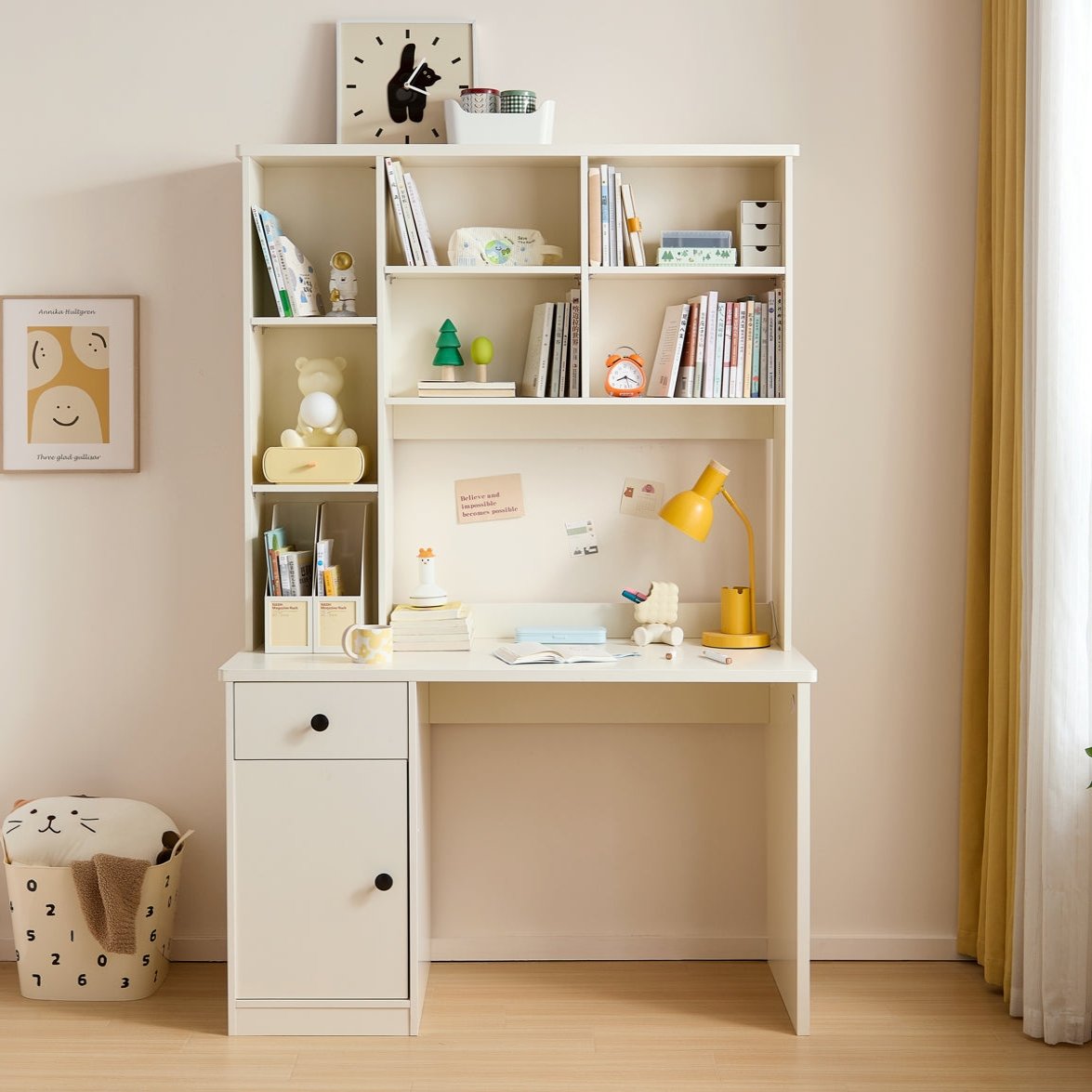 White Study Desk for Kids with Book Shelves and Storage Cabinet