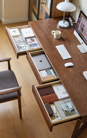 Solid Red Oak Writing Desk with 3 Drawers in Walnut Finish 160cm/180cm