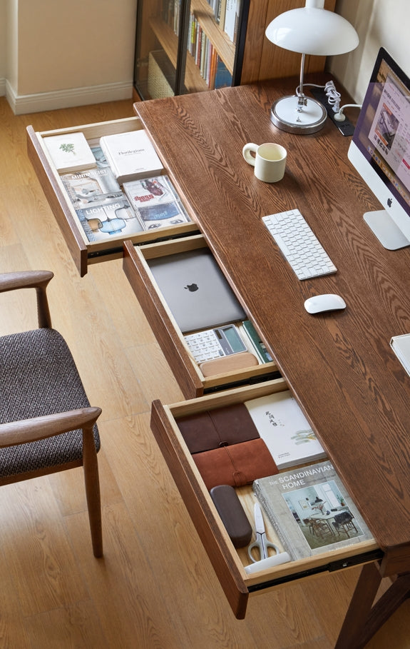 Solid Red Oak Writing Desk with 3 Drawers in Walnut Finish 160cm/180cm