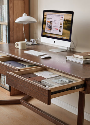 Solid Red Oak Writing Desk with 3 Drawers in Walnut Finish 160cm/180cm