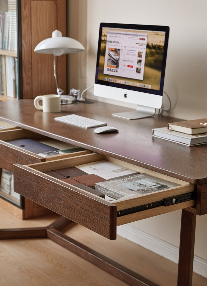Solid Red Oak Writing Desk with 3 Drawers in Walnut Finish 160cm/180cm