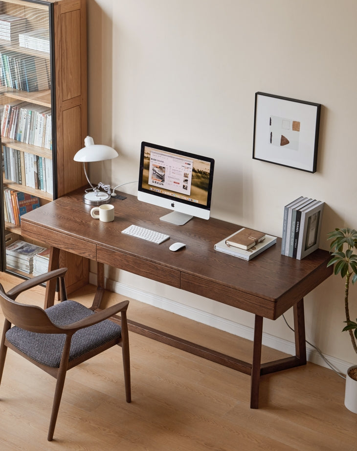 Solid Red Oak Writing Desk with 3 Drawers in Walnut Finish 160cm/180cm