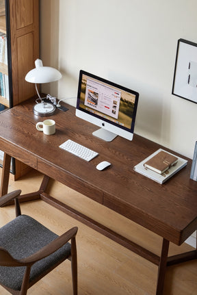 Solid Red Oak Writing Desk with 3 Drawers in Walnut Finish 160cm/180cm