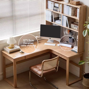 Neville 1.2m/1.4m/1.6m Fraxinus Mandshurica Wood Single Corner Storage Office Desk/Computer Table With Bookcase Storage