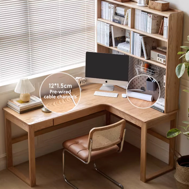 Neville 1.2m/1.4m/1.6m Fraxinus Mandshurica Wood Single Corner Storage Office Desk/Computer Table With Bookcase Storage