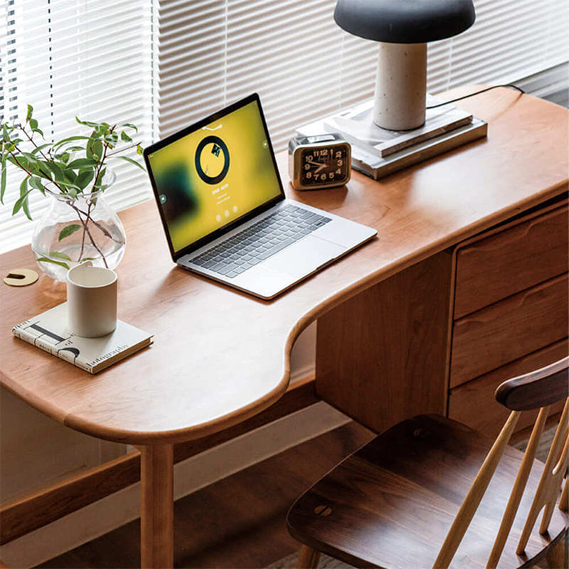 Raven 140cm FAS-Graded Solid Cherry Wood Single Storage Office Desk/Computer Table With Drawer For Study Room Natural Wood Color