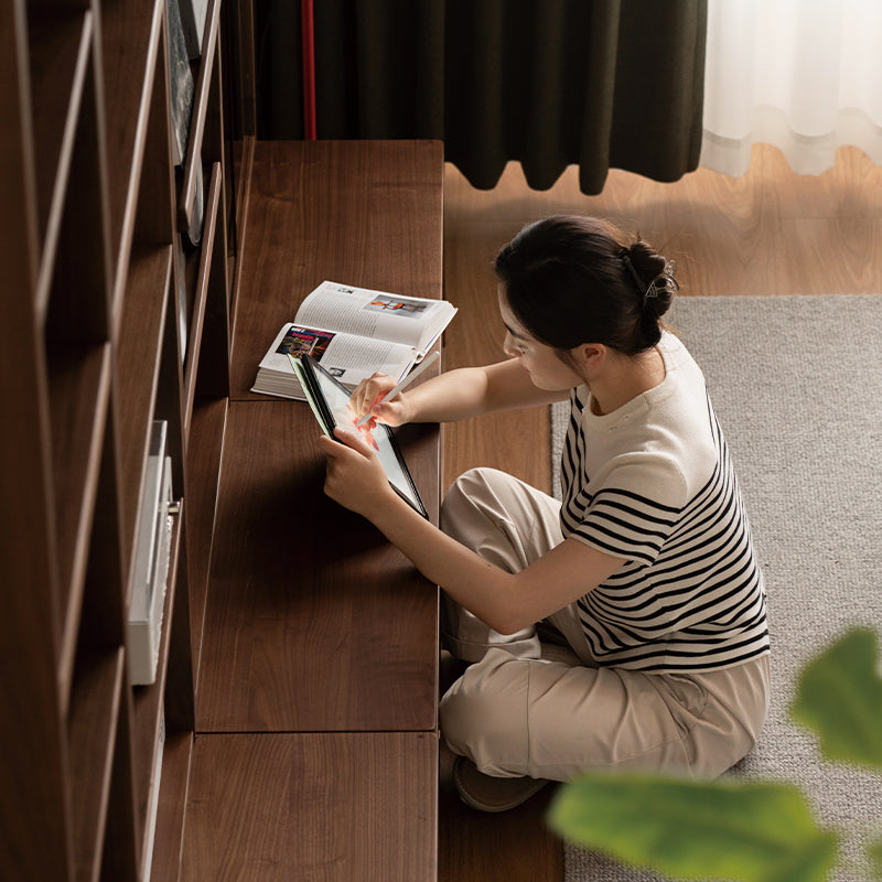 Martina FAS-Graded Solid Black Walnut Wood Floor-standing Bookcase Modular Display Shelf & Storage With Seat/Drawer Multiple Model