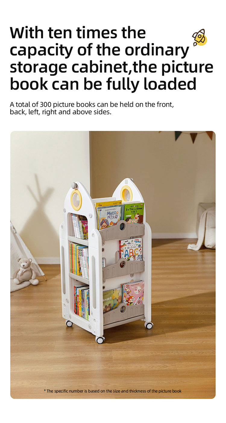 Rocket-Shaped Kids Rotating Bookshelf – Floor-Standing Bookcase with 360° Wheels