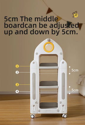 Rocket-Shaped Kids Rotating Bookshelf – Floor-Standing Bookcase with 360° Wheels