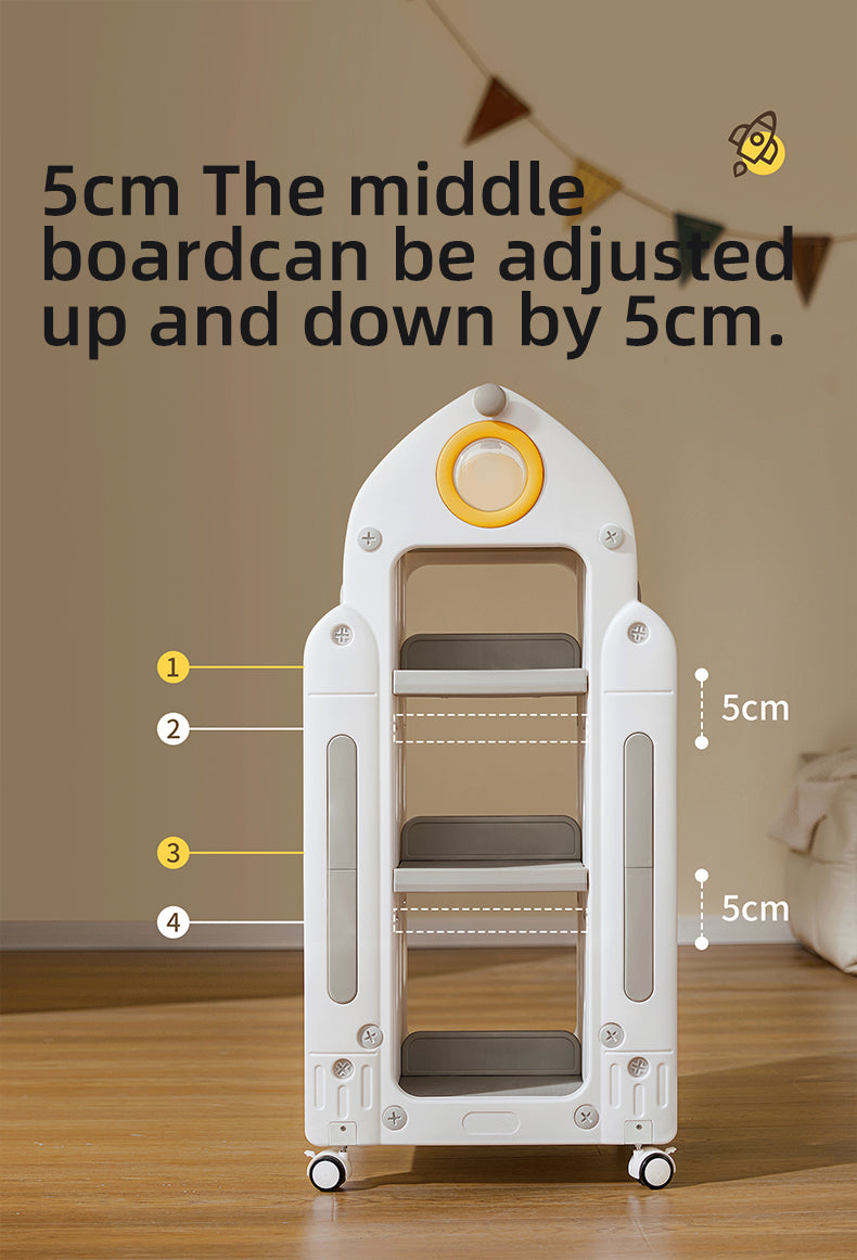 Rocket-Shaped Kids Rotating Bookshelf – Floor-Standing Bookcase with 360° Wheels
