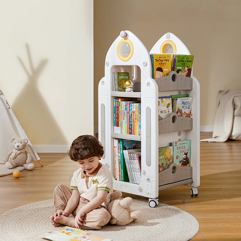 Rocket-Shaped Kids Rotating Bookshelf – Floor-Standing Bookcase with 360° Wheels