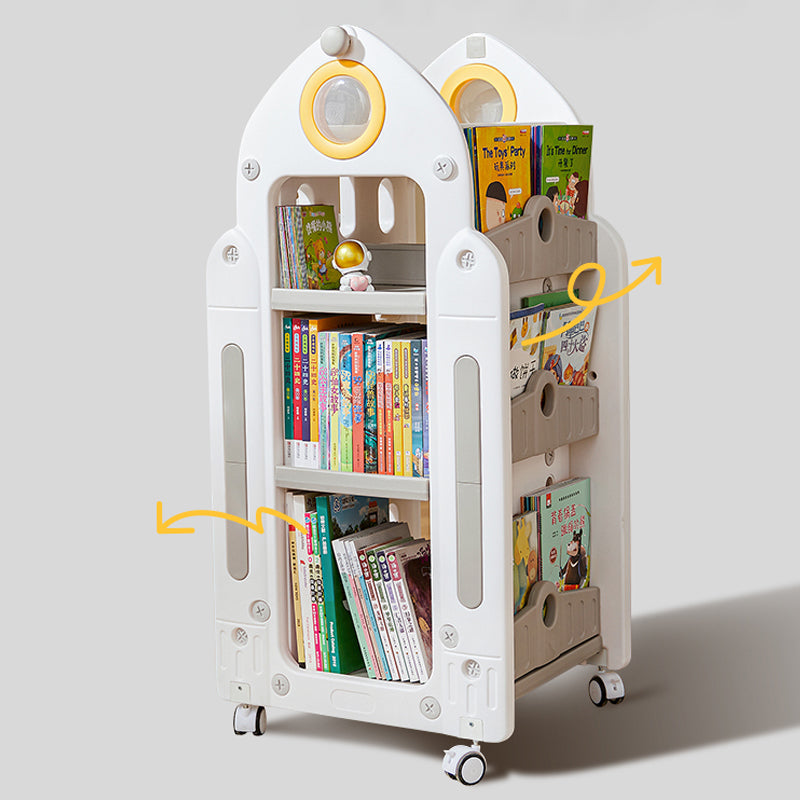 Rocket-Shaped Kids Rotating Bookshelf – Floor-Standing Bookcase with 360° Wheels