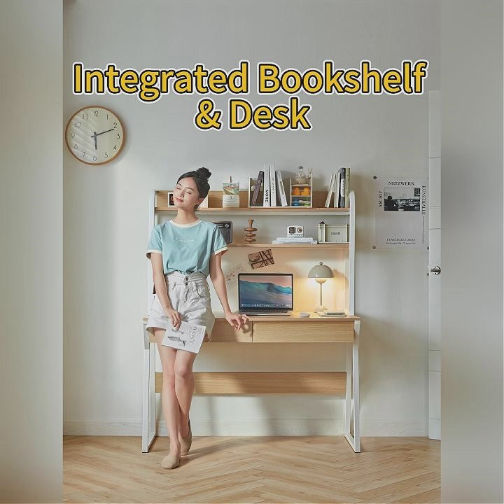 Uriel 100cm/120cm Single Office Desk/Computer Table With Cabinet/Bookcase/Drawer White & Natural Wood Color